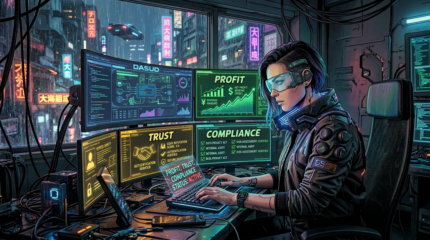 Cybersecurity analyst using multiple neon-lit screens with data and graphs in a futuristic office