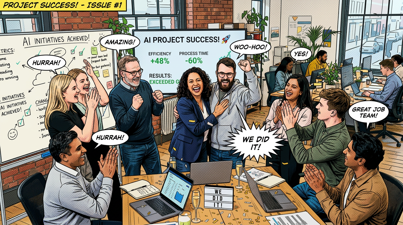 Team celebrating AI project success with laptops and charts