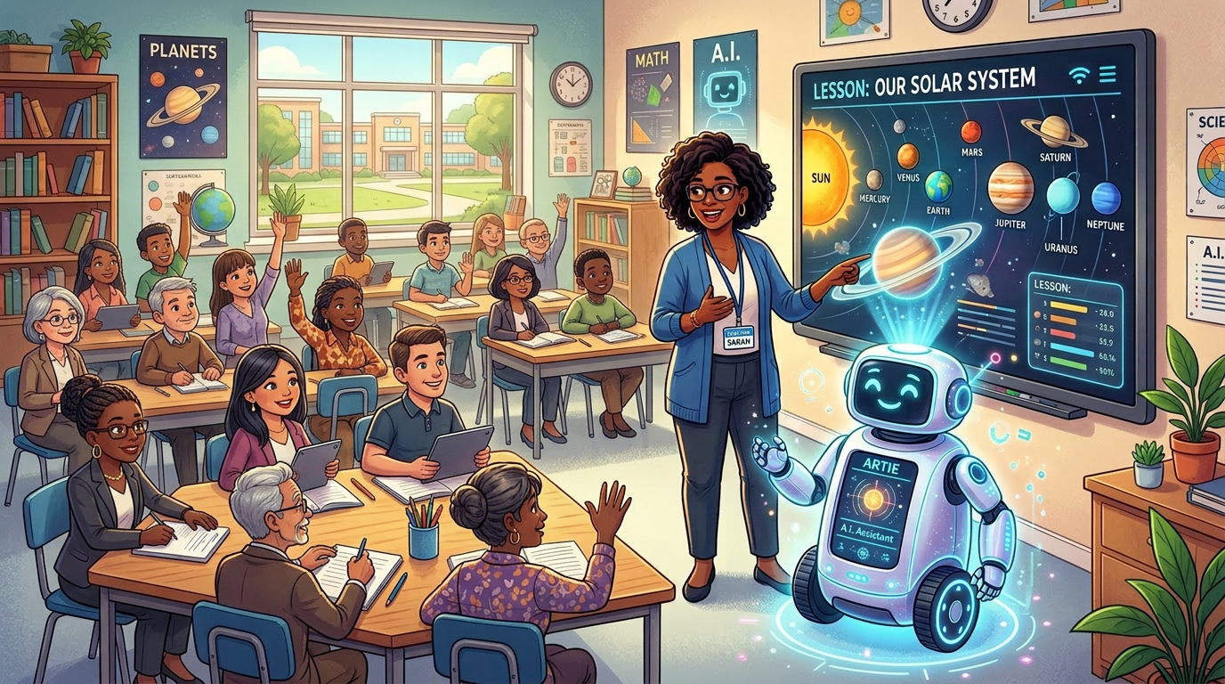 Teacher and AI robot presenting solar system lesson to diverse students