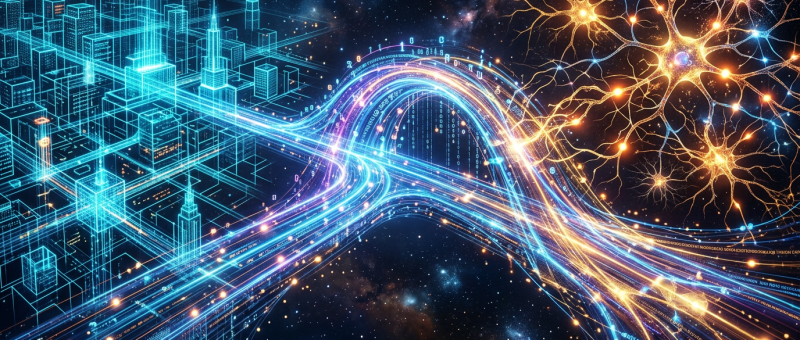 Visualization of glowing data streams connecting a digital city grid to neural network nodes