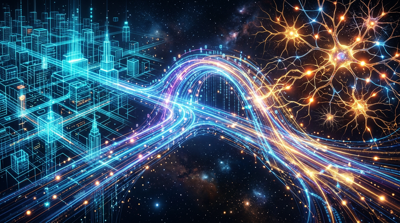 Visualization of glowing data streams connecting a digital city grid to neural network nodes