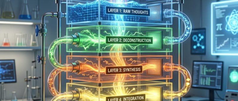 Five labeled layers representing cognitive processing stages emitting colorful streams of ideas.