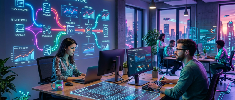 Two professionals discussing data flow pipeline diagrams projected on office wall with computers showing analytics