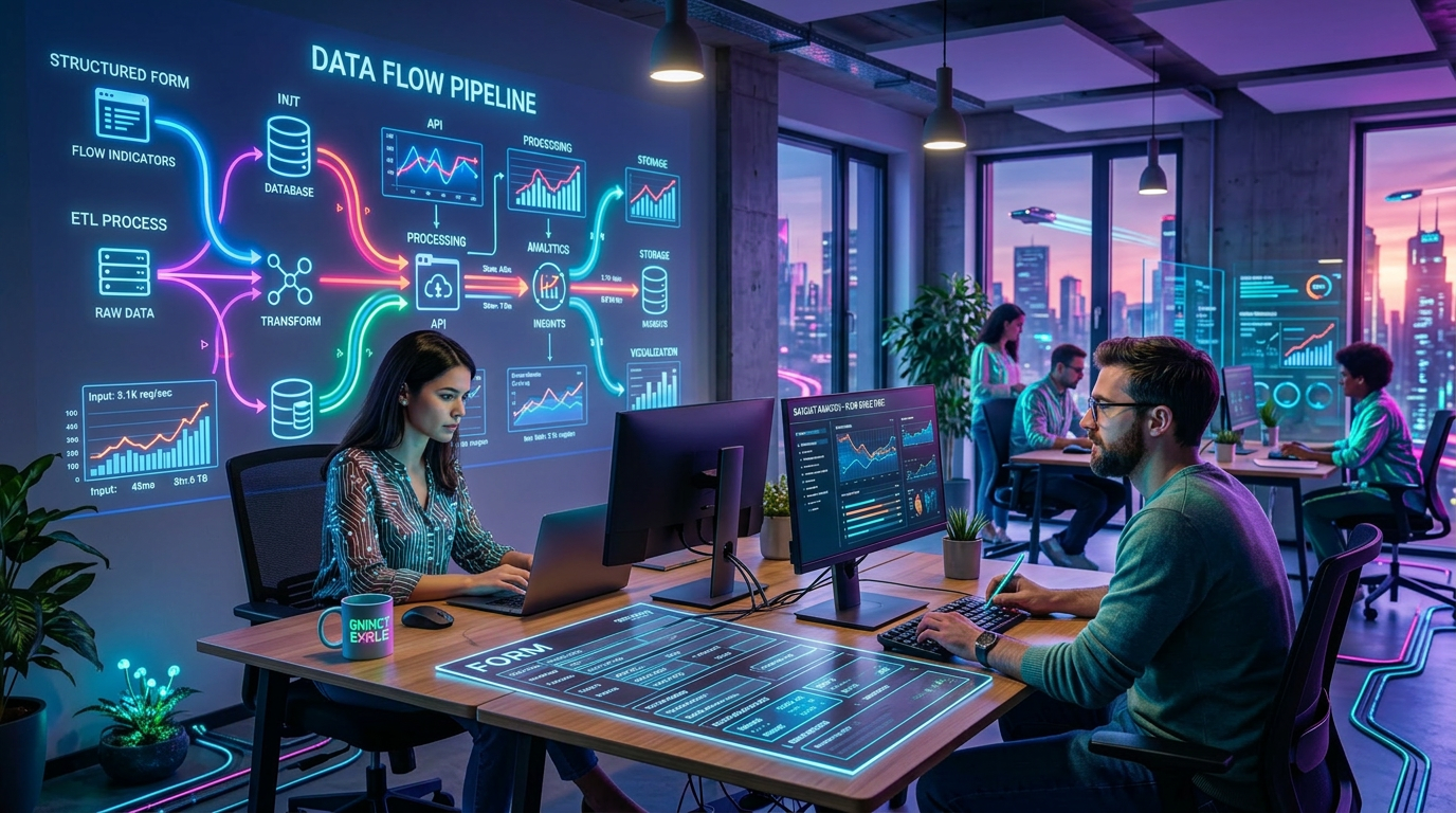 Two professionals discussing data flow pipeline diagrams projected on office wall with computers showing analytics