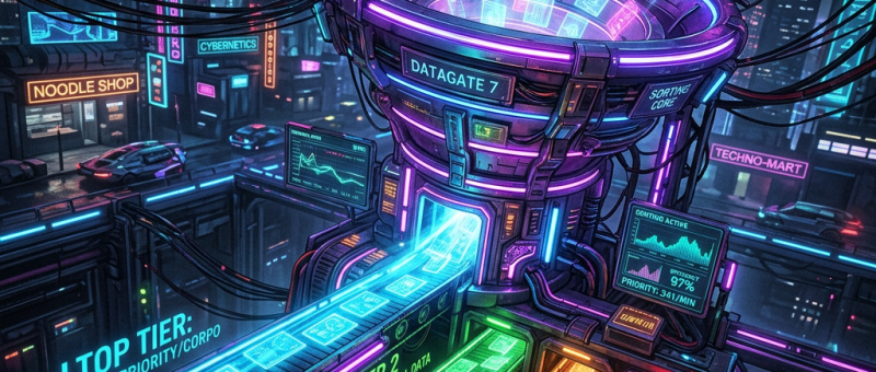 High-tech data sorting machine categorizing digital files into priority tiers in a neon cityscape