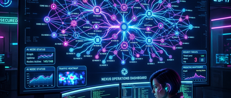 Cybersecurity operator working at a multi-screen setup displaying Nexus Networks AI operations dashboard with network analytics, security threats, and live data.