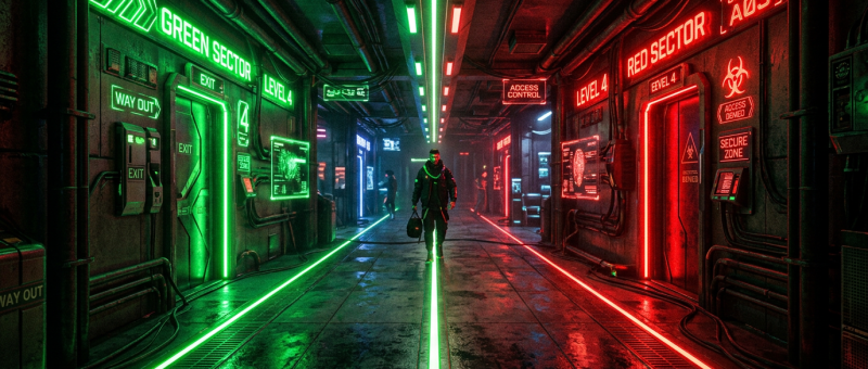 Neon-lit corridor with green and red sectors labeled 'Green Sector Level 4' and 'Red Sector Level 4'