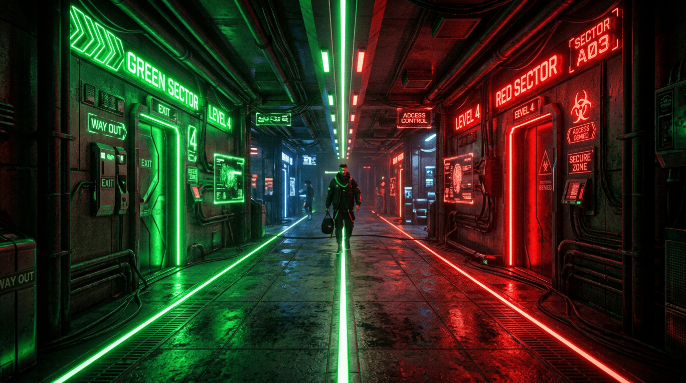 Neon-lit corridor with green and red sectors labeled 'Green Sector Level 4' and 'Red Sector Level 4'