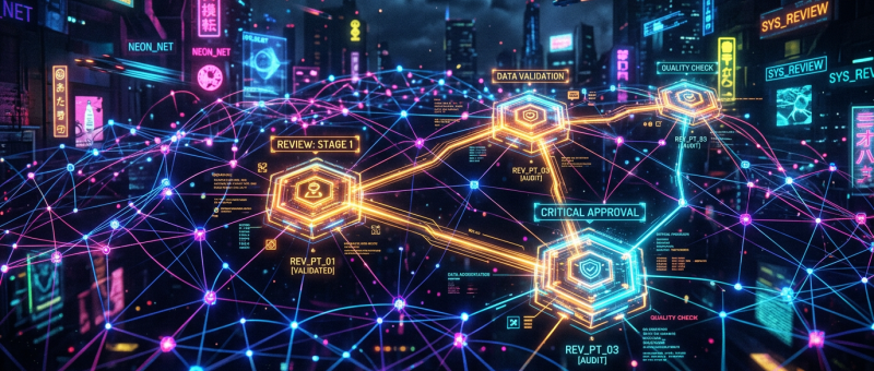 Futuristic network diagram with nodes for data validation, review, and critical approval