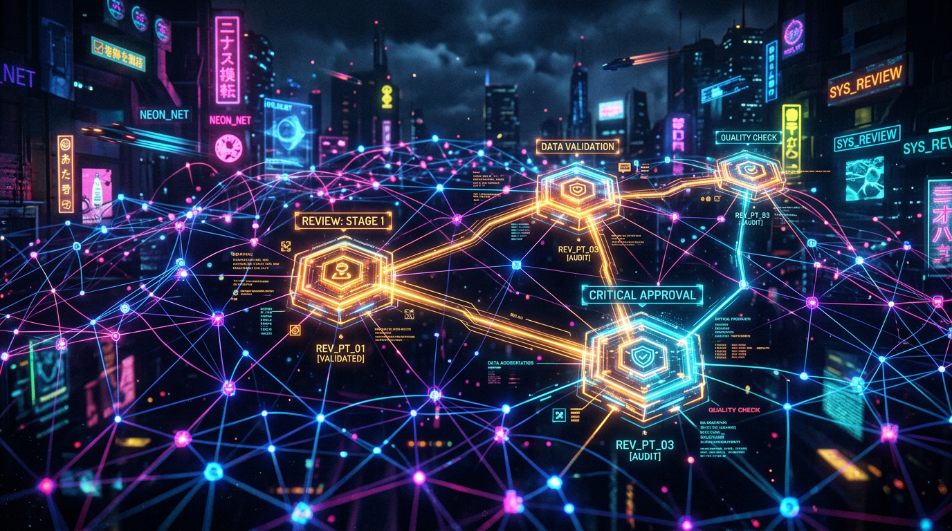 Futuristic network diagram with nodes for data validation, review, and critical approval
