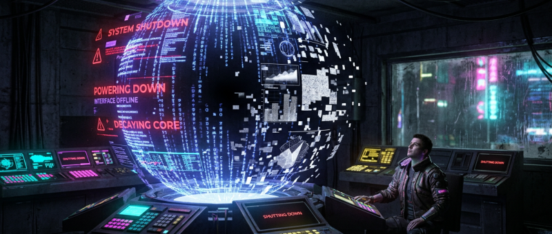 Futuristic control room holographic interface powering down