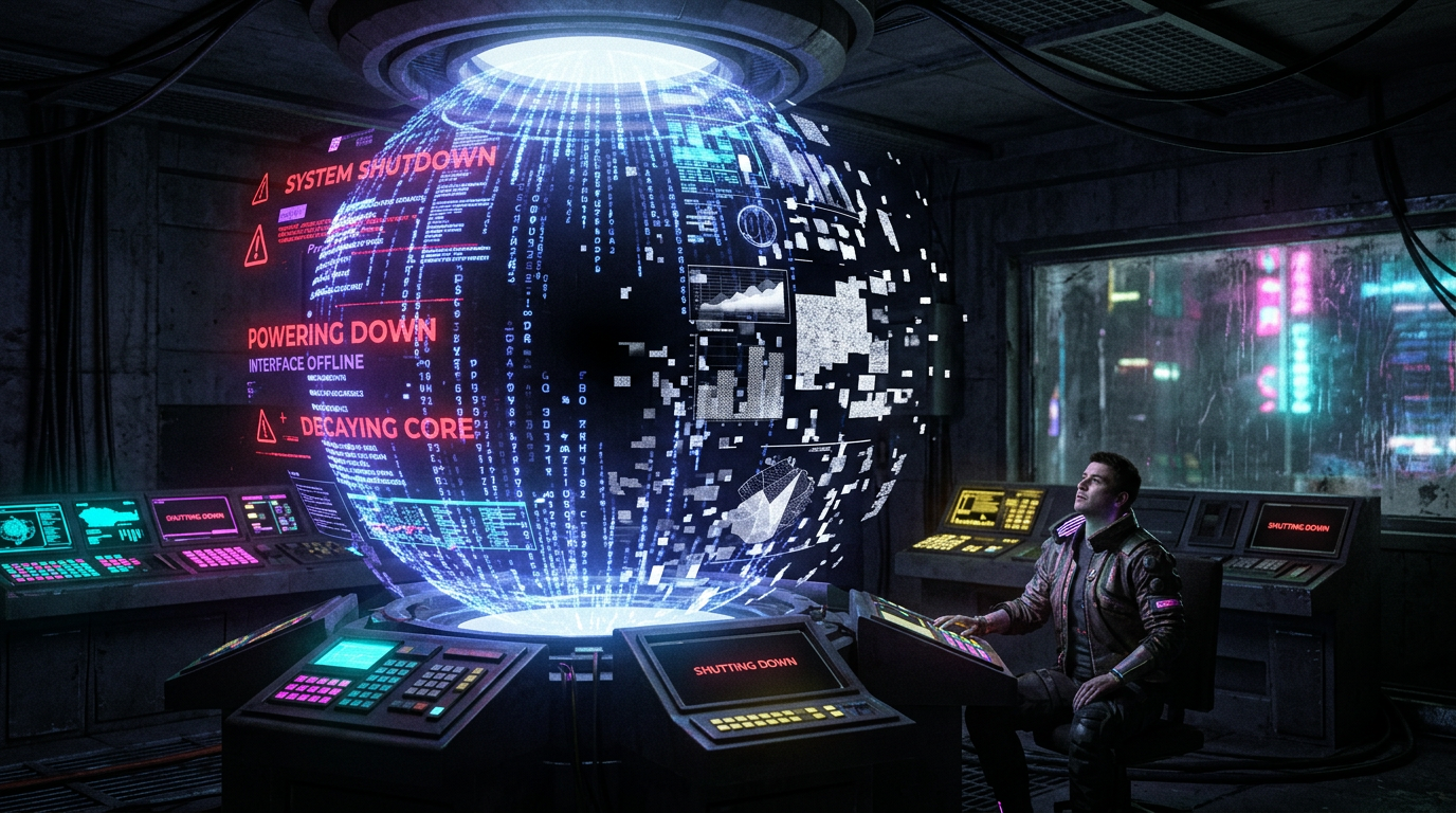 Futuristic control room holographic interface powering down